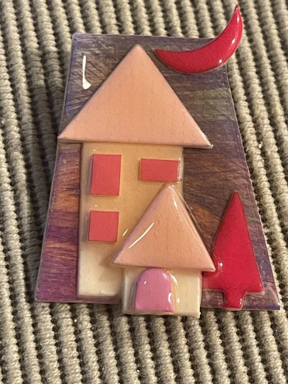 Vtg Lucinda House Brooch Pin With Red Moon Tree & Whimsical Home Design - Unique